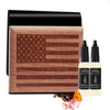 Wooden box with American flag design and two Airpurelle bottles on a white background