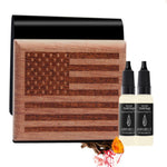 Wooden box with American flag design and two Airpurelle bottles on a white background