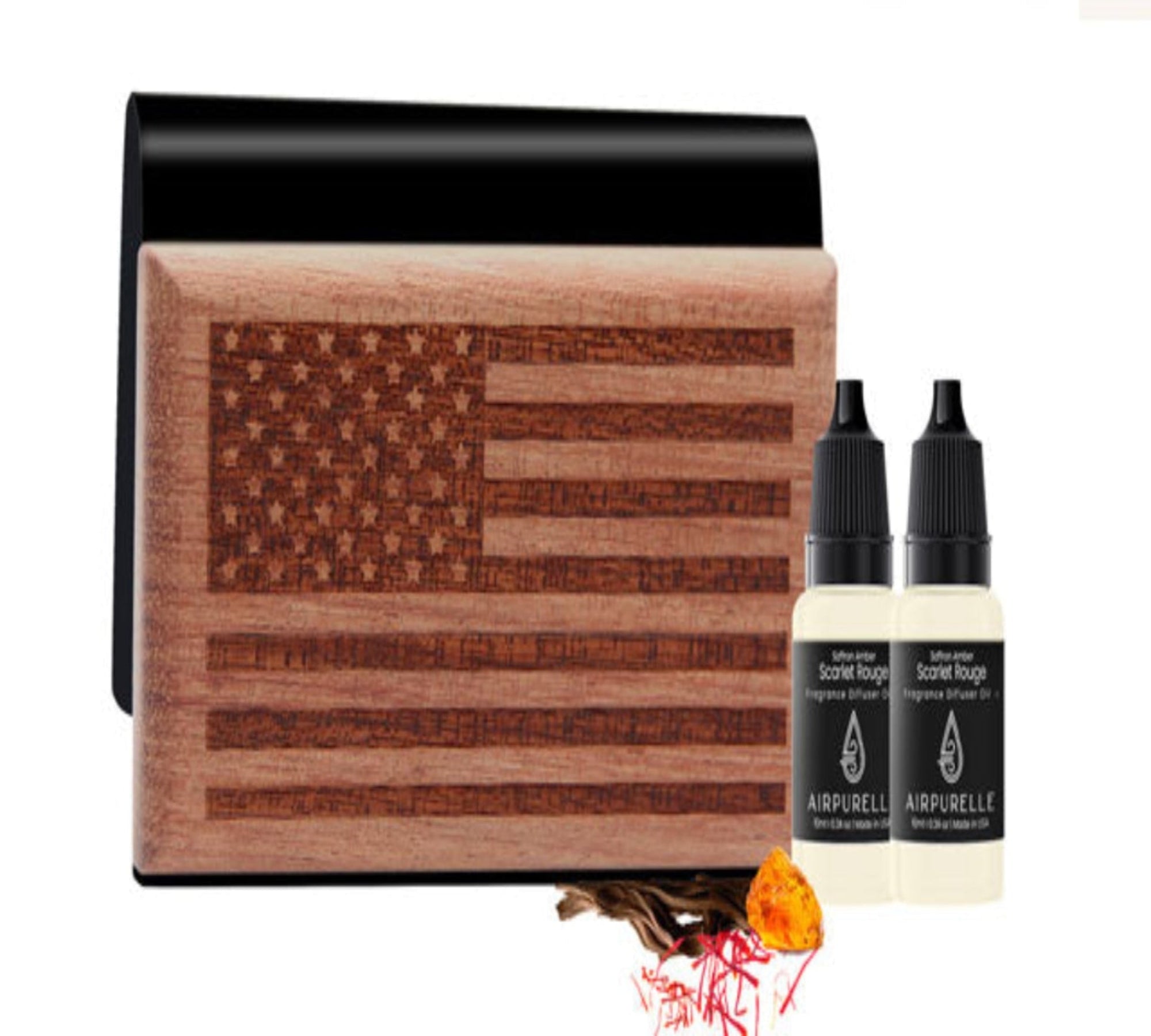 Wooden box with American flag design and two Airpurelle bottles on a white background