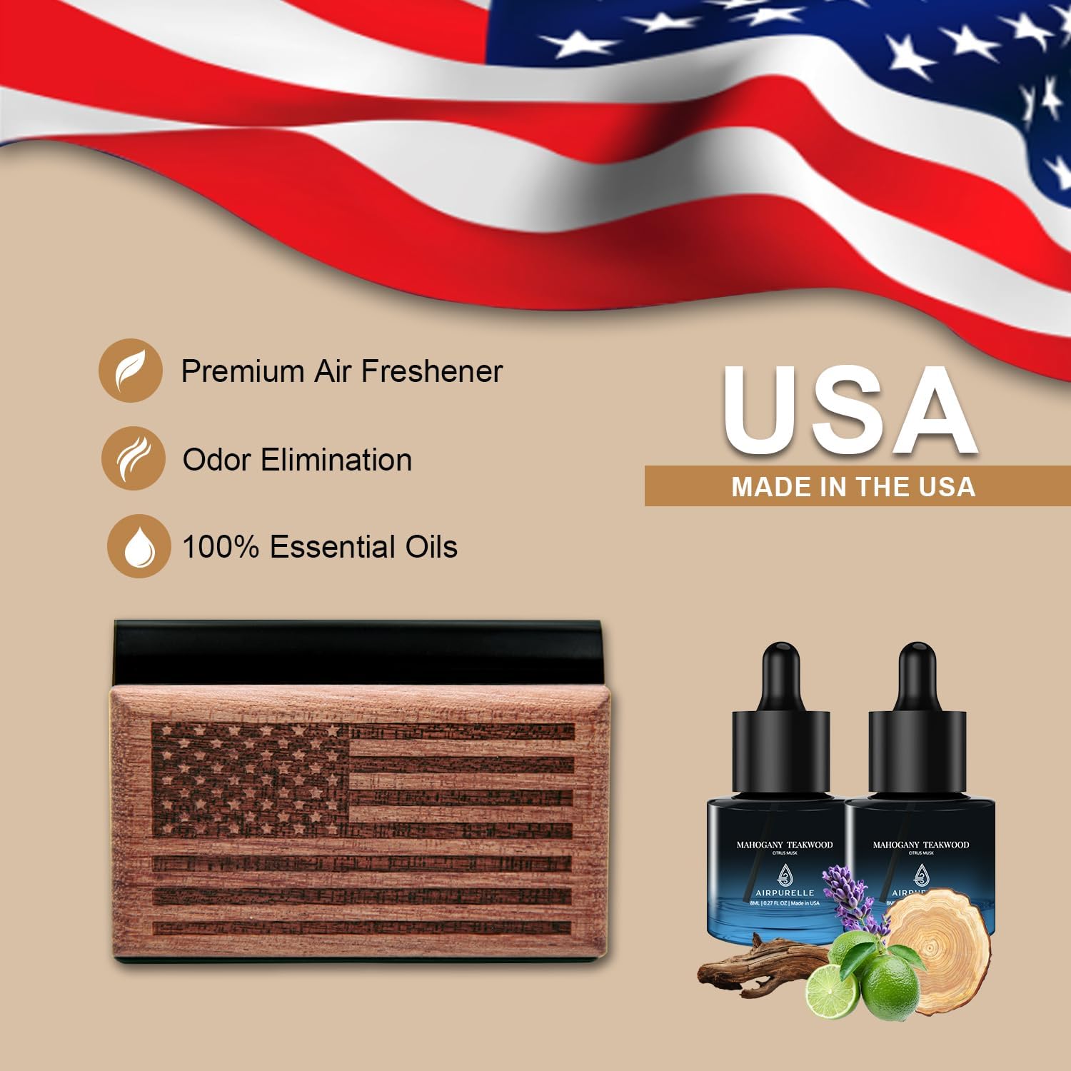 Mahogany Teakwood Wooden Car Air Freshener | Deep Citrus Musk Blend