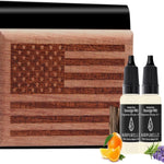Wooden diffuser with American flag design and Airpurelle diffuser oil bottles on a white background