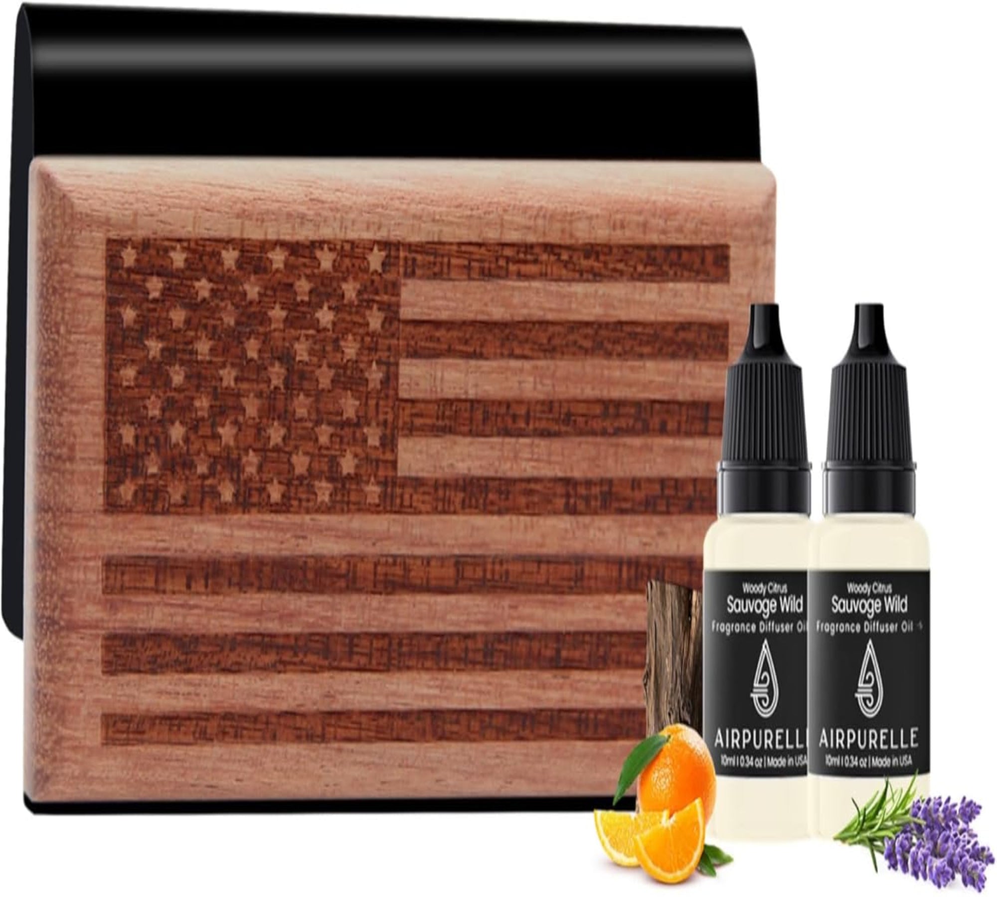 Wooden diffuser with American flag design and Airpurelle diffuser oil bottles on a white background